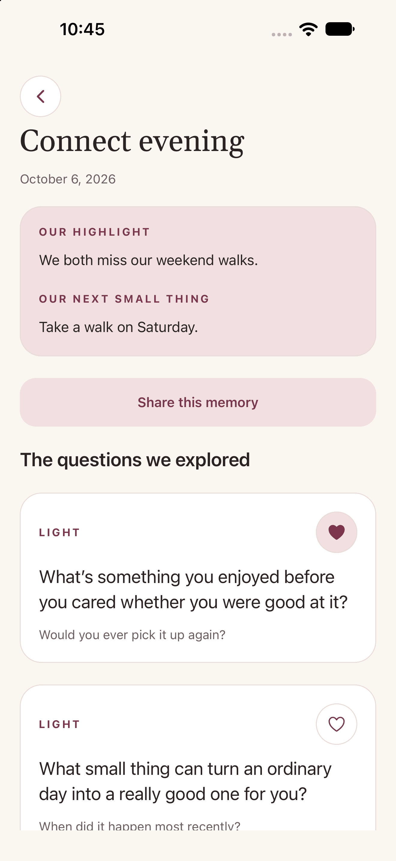 Date Night native iOS preview: Keep an optional highlight from the evening.