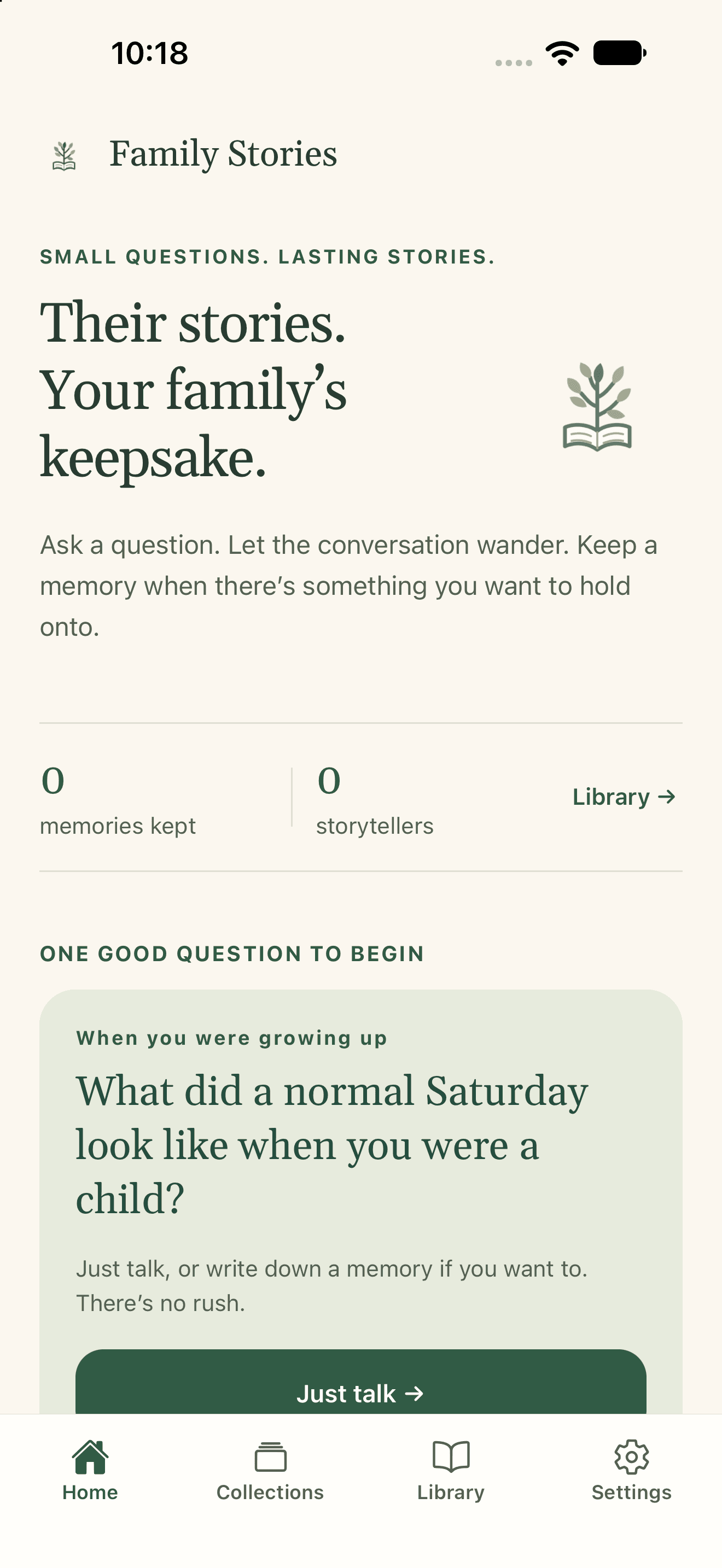Family Stories native iOS preview: Begin with a question and a familiar face.