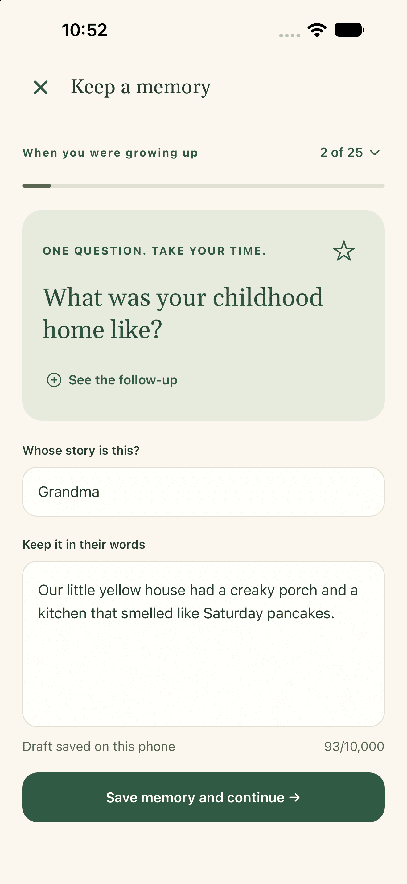 Family Stories native iOS preview: Write a memory in their words.