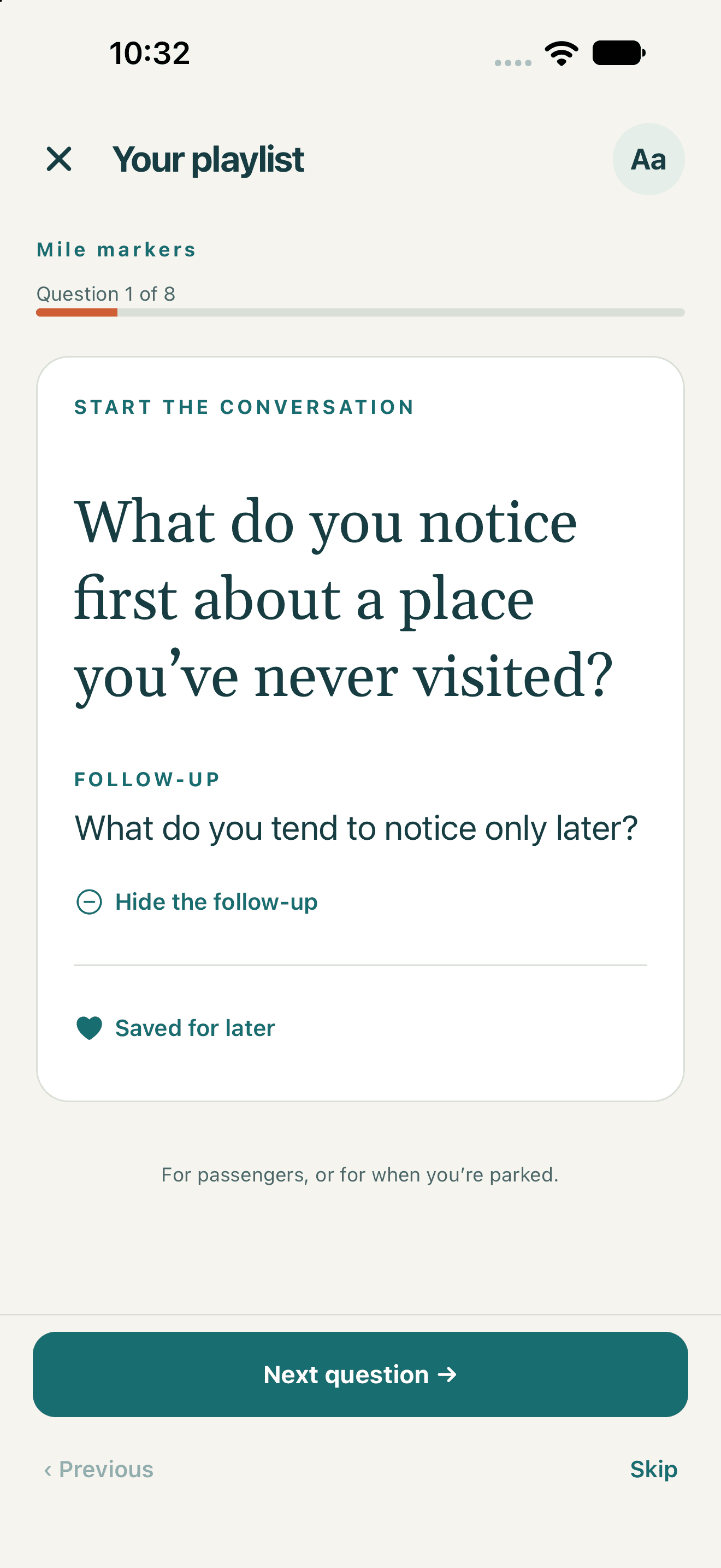 Road Trip Talk native iOS preview: Make questions easier to read with larger text.