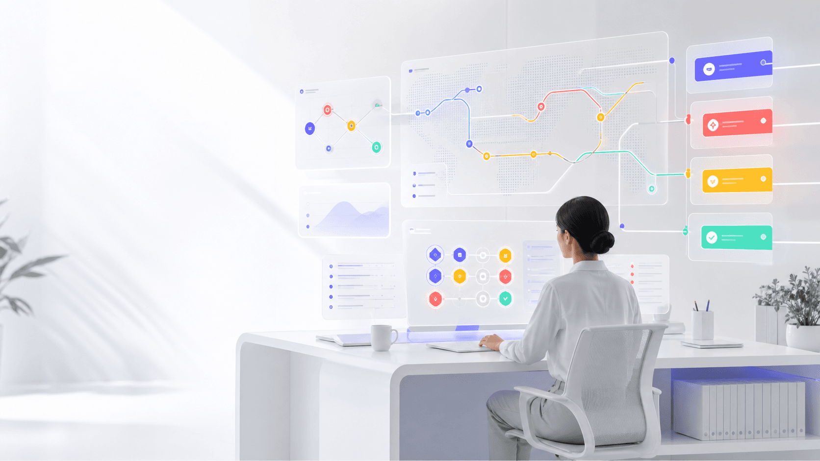 Bright operator workspace with abstract agentic-AI workflow panels, route lines, and approval gates.