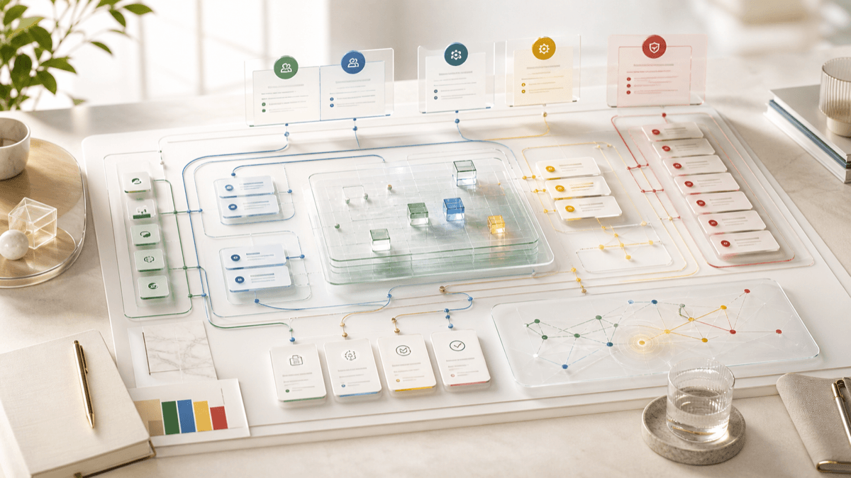 Bright executive strategy table with color-coded workflow routes, approval gates, and operator-system cards.
