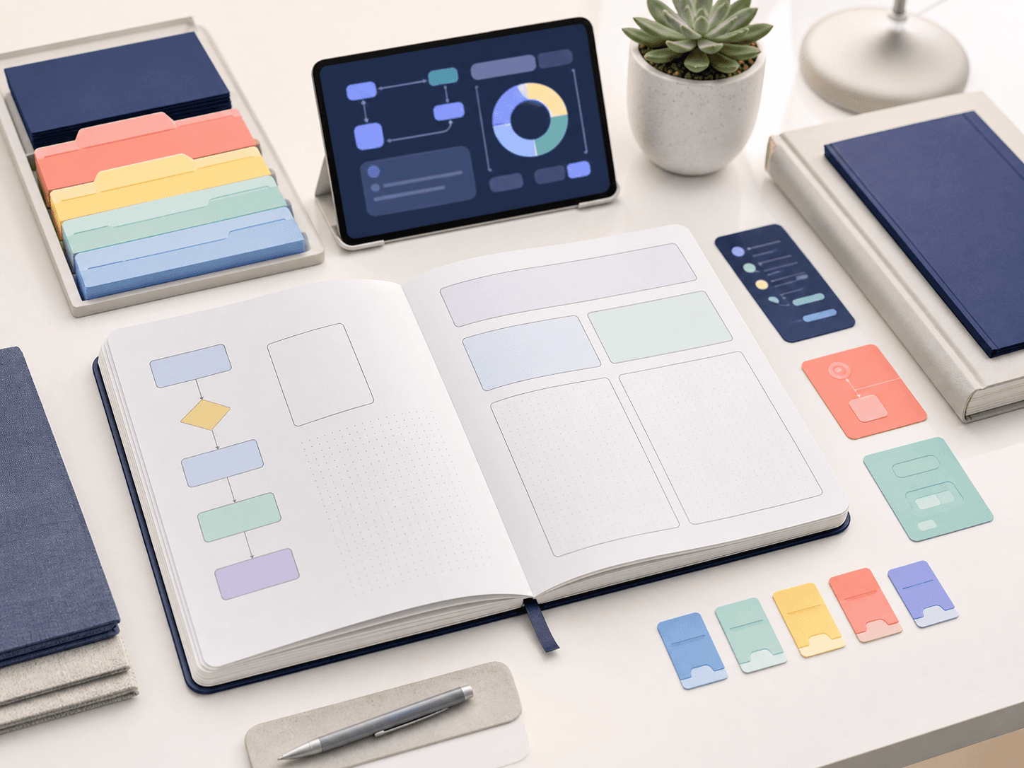 Open strategy notebook with abstract workflow cards, color-coded tabs, and a non-readable interface screen.