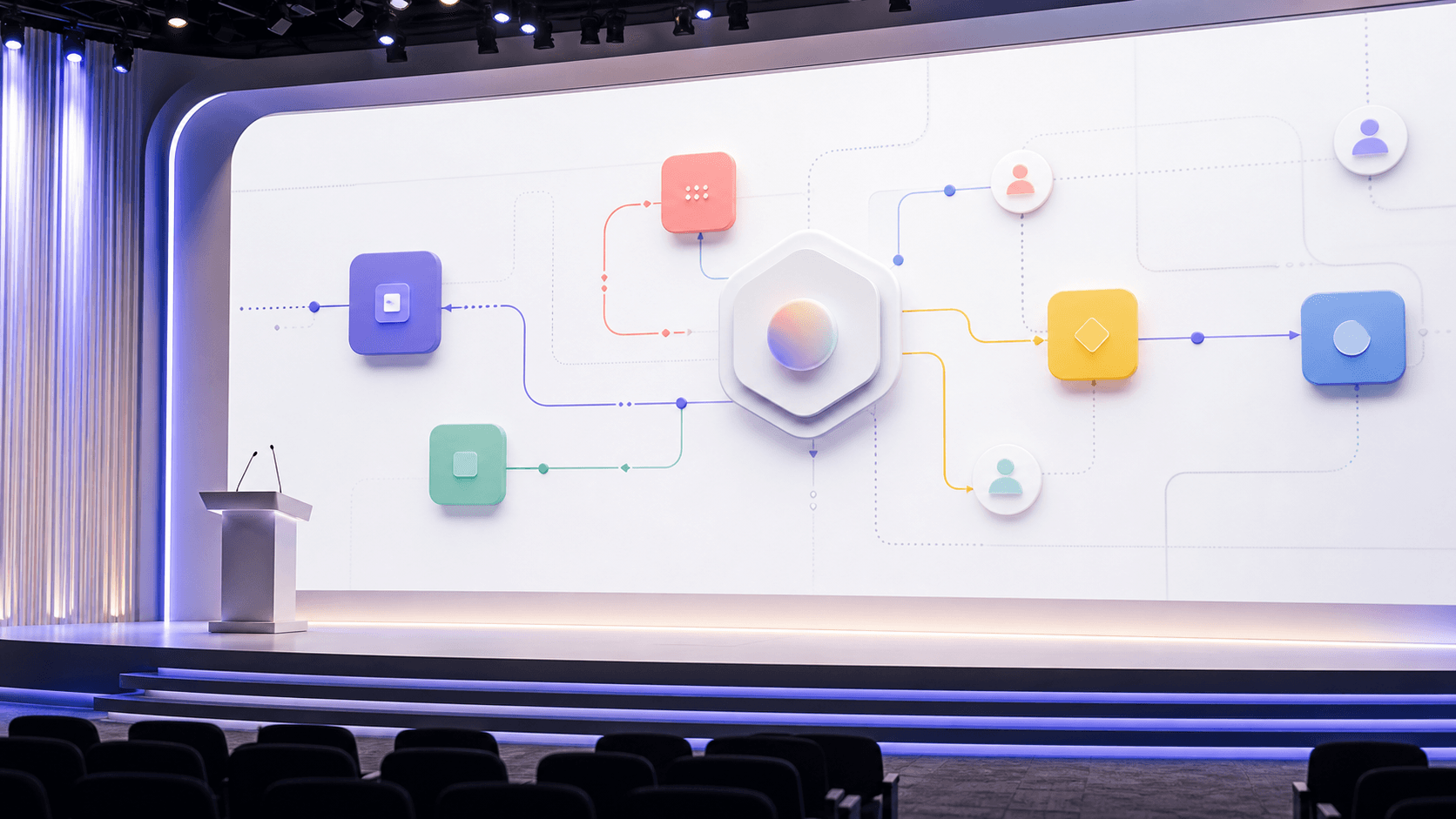 Bright conference stage with an abstract agent workflow projection and an empty lectern.