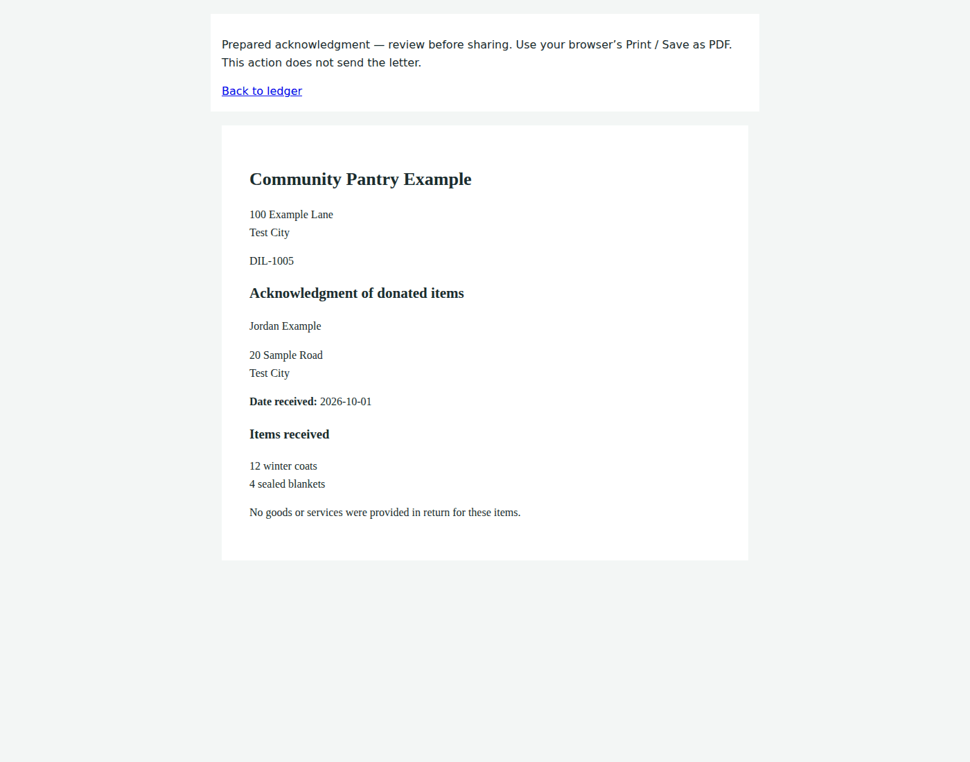 Protected printable acknowledgment with synthetic Community Pantry Example and Jordan Example donor details, donated coats and blankets, and reviewed wording.