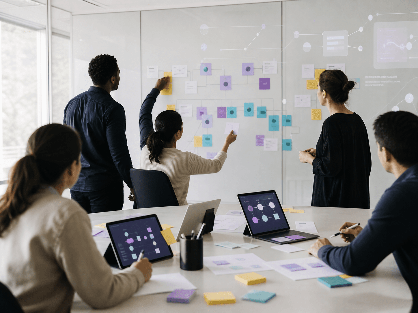 Workshop team arranging workflow cards in a bright room with abstract agentic-AI planning screens.